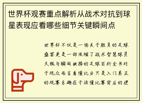 世界杯观赛重点解析从战术对抗到球星表现应看哪些细节关键瞬间点 世界杯观赛重点解析从战术对抗到球星表现应看哪些细节关键瞬间点