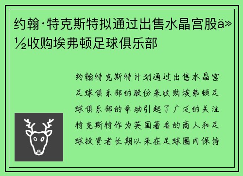 约翰·特克斯特拟通过出售水晶宫股份收购埃弗顿足球俱乐部 约翰·特克斯特拟通过出售水晶宫股份收购埃弗顿足球俱乐部